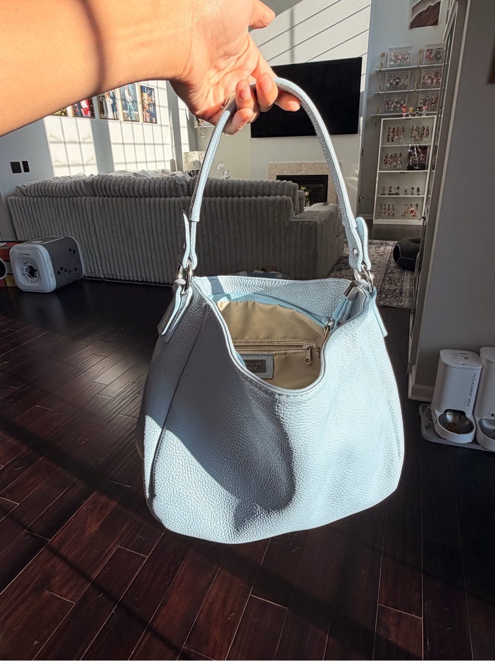 Pebbled Leather Shoulder Hobo Bag in Light Blue